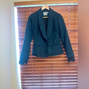 Blue black tweed one-button Jacket‎ with lace trim sleeves ASOS Blazer Size 4